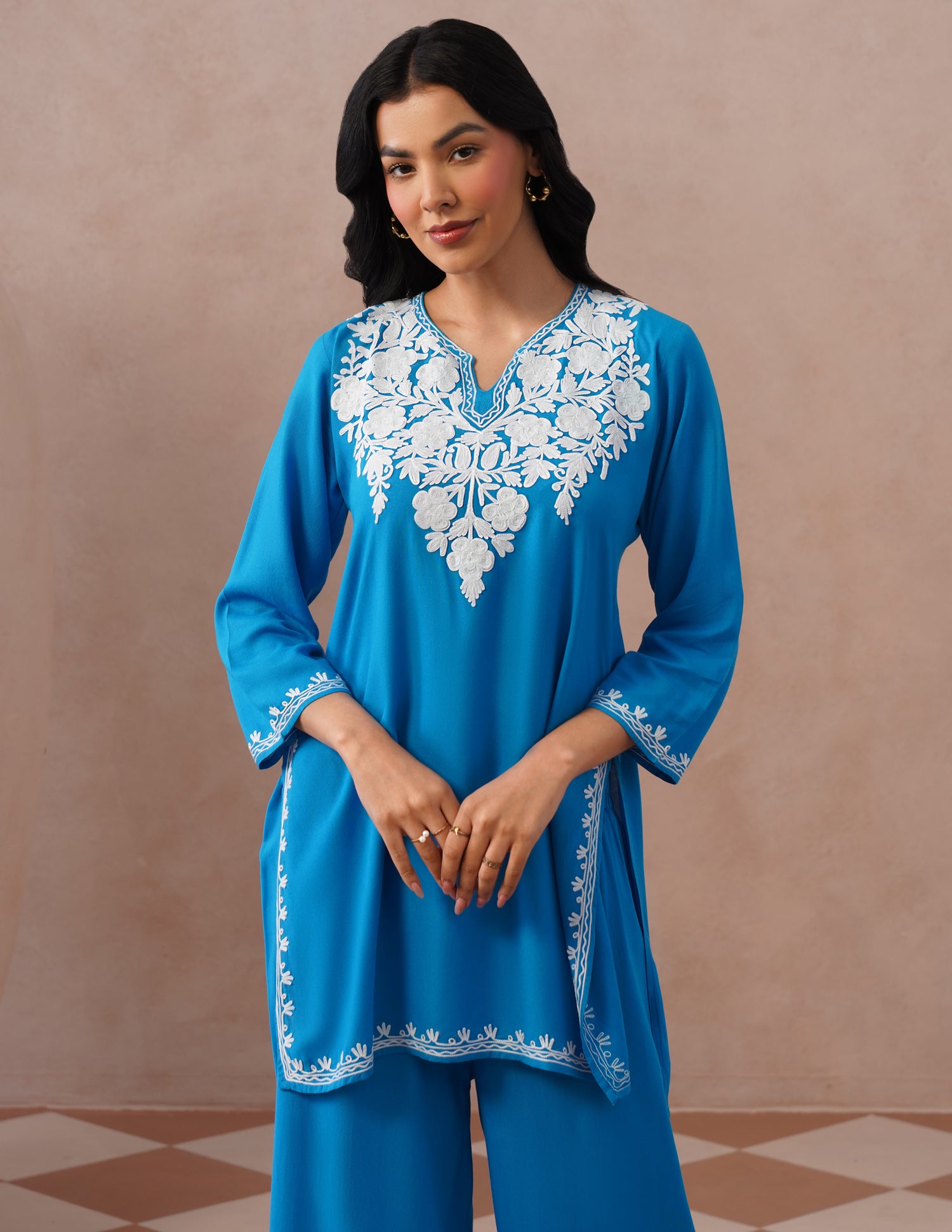 Blue Rayon Coordset – White Aari Embroidery | Office &amp; Casual Ethnic Wear - Kashmir Box