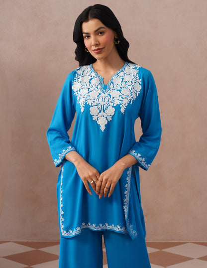 Blue Rayon Coordset – White Aari Embroidery | Office &amp; Casual Ethnic Wear - Kashmir Box
