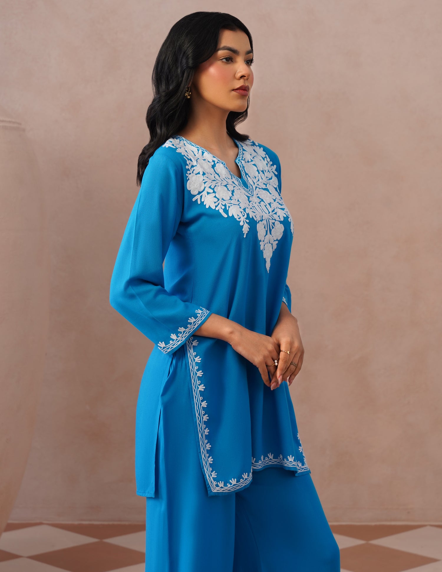 Blue Rayon Coordset – White Aari Embroidery | Office &amp; Casual Ethnic Wear - Kashmir Box