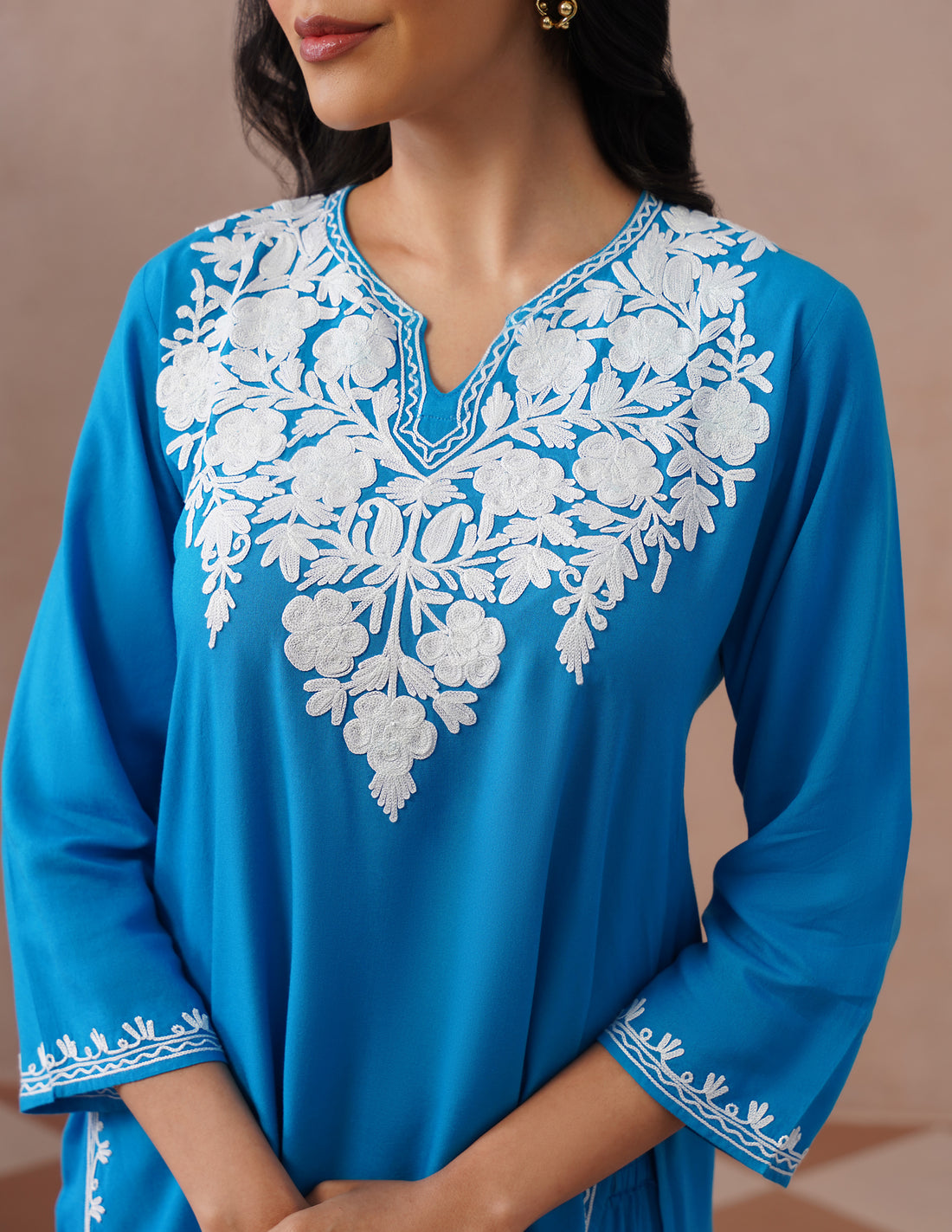 Blue Rayon Coordset – White Aari Embroidery | Office &amp; Casual Ethnic Wear - Kashmir Box