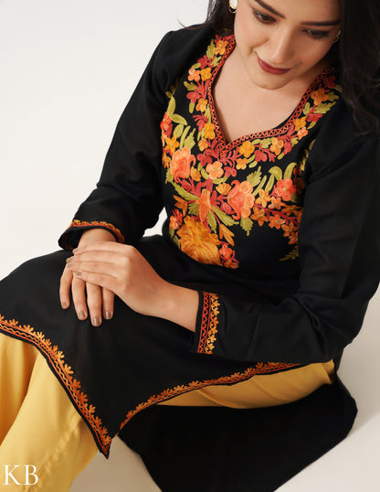 Black Cotton Kurti with Multi-hued Floral Aari Embroidery - Kashmir Box