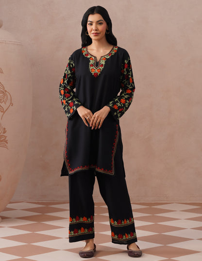 Black Cotton Coordset – Vibrant Multicolor Aari Work | Versatile Ethnic Wear - Kashmir Box