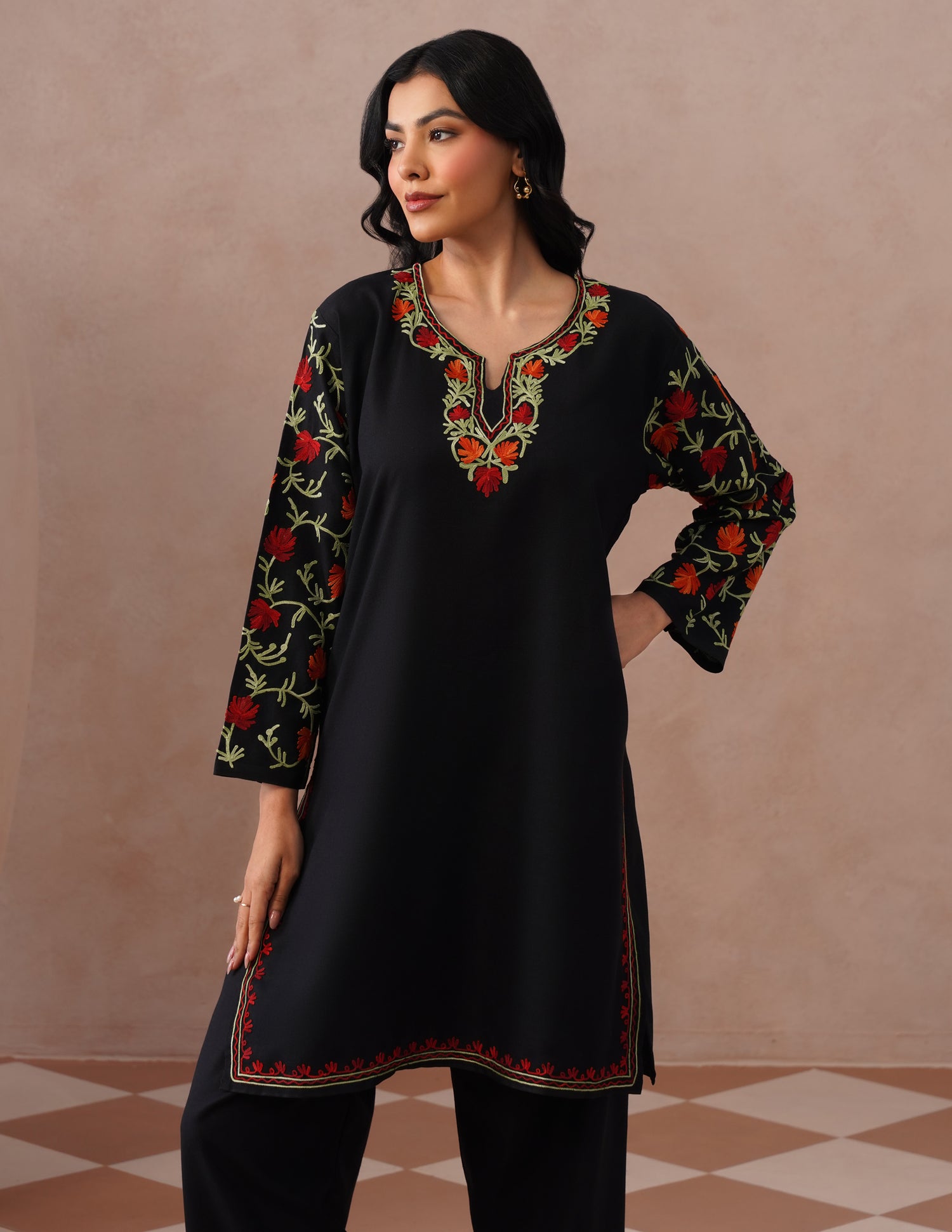 Black Cotton Coordset – Vibrant Multicolor Aari Work | Versatile Ethnic Wear - Kashmir Box