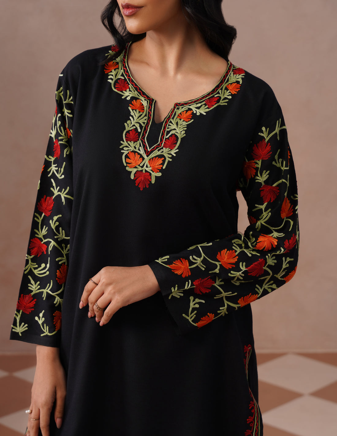 Black Cotton Coordset – Vibrant Multicolor Aari Work | Versatile Ethnic Wear - Kashmir Box