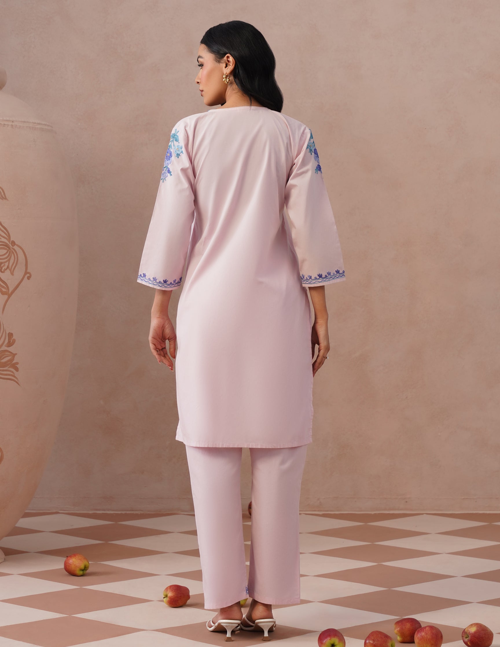 Light Pink Poplin Coordset – Blue Aari Embroidery | Everyday Ethnic Wear - Kashmir Box