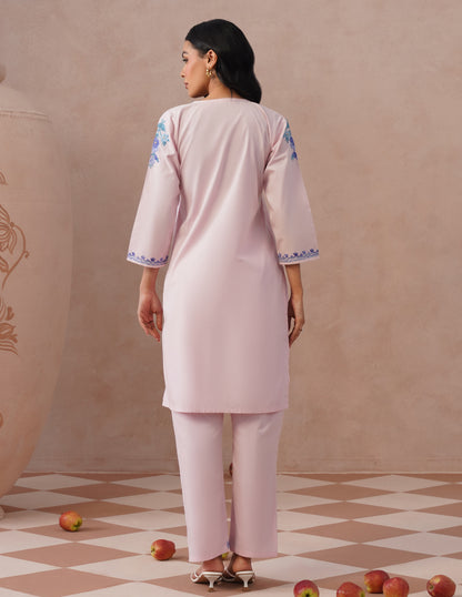 Light Pink Poplin Coordset – Blue Aari Embroidery | Everyday Ethnic Wear - Kashmir Box