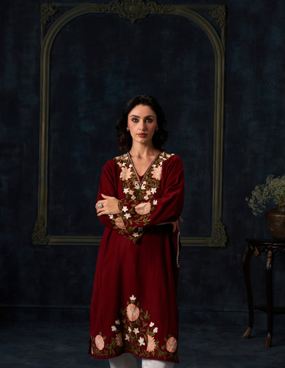 Kashmiri Aari Embroidered Woollen Phiran – Maroon | Timeless Winter Wear - Kashmir Box