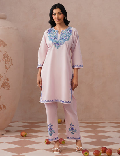 Light Pink Poplin Coordset – Blue Aari Embroidery | Everyday Ethnic Wear - Kashmir Box
