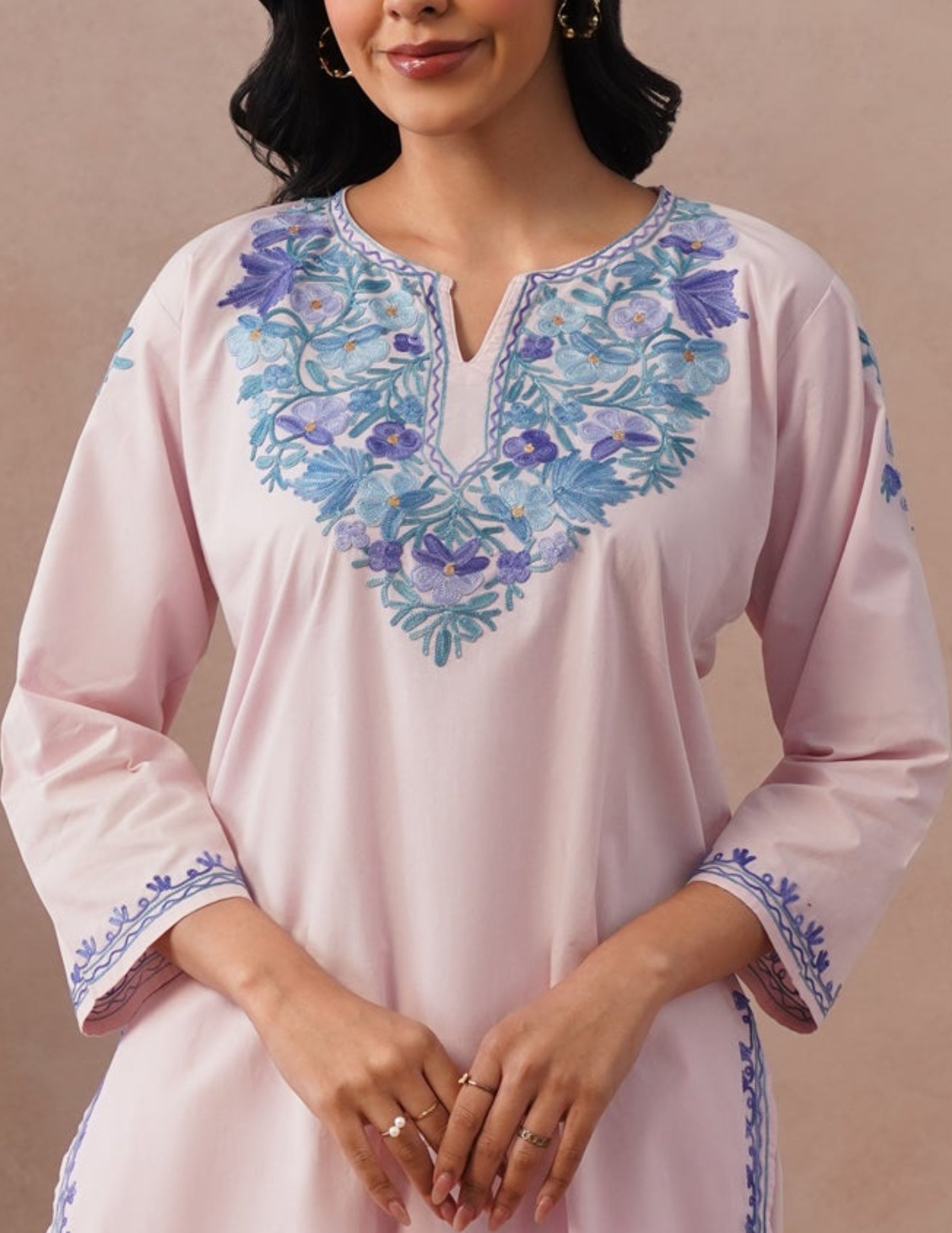 Light Pink Poplin Coordset – Blue Aari Embroidery | Everyday Ethnic Wear - Kashmir Box