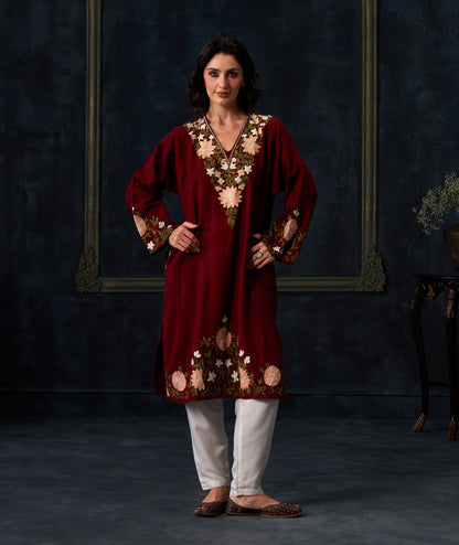 Kashmiri Aari Embroidered Woollen Phiran – Maroon | Timeless Winter Wear - Kashmir Box
