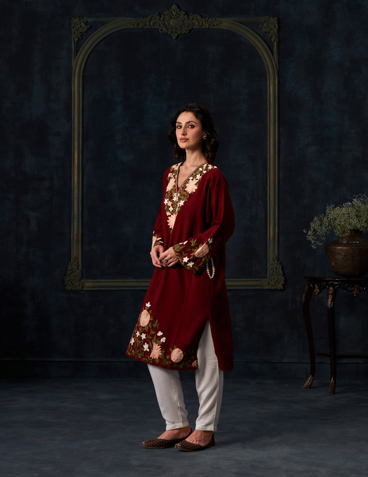 Kashmiri Aari Embroidered Woollen Phiran – Maroon | Timeless Winter Wear - Kashmir Box