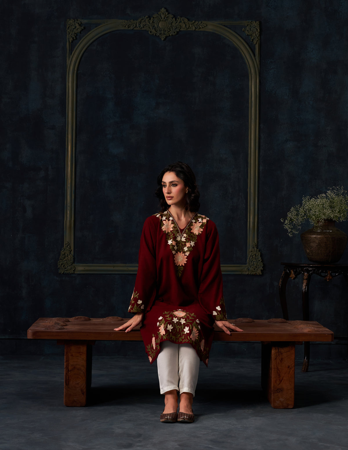 Kashmiri Aari Embroidered Woollen Phiran – Maroon | Timeless Winter Wear - Kashmir Box