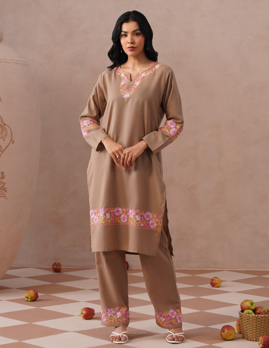Fawn Cotton Coordset – Tonal Pink Aari Embroidery | Everyday Ethnic Wear - Kashmir Box