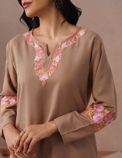 Fawn Cotton Coordset – Tonal Pink Aari Embroidery | Everyday Ethnic Wear - Kashmir Box