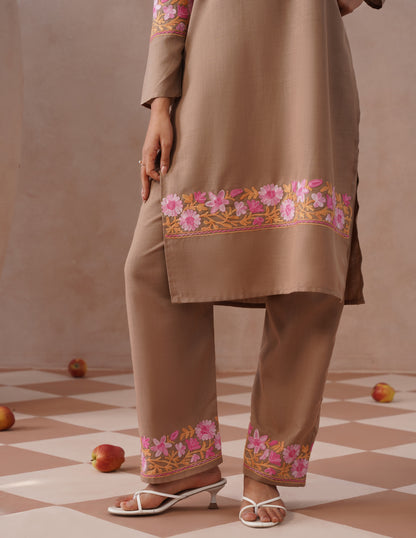 Fawn Cotton Coordset – Tonal Pink Aari Embroidery | Everyday Ethnic Wear - Kashmir Box