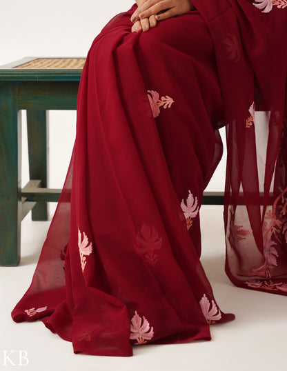 Raspberry with Blush-toned Chinar Embroidery Georgette Saree - Kashmir Box
