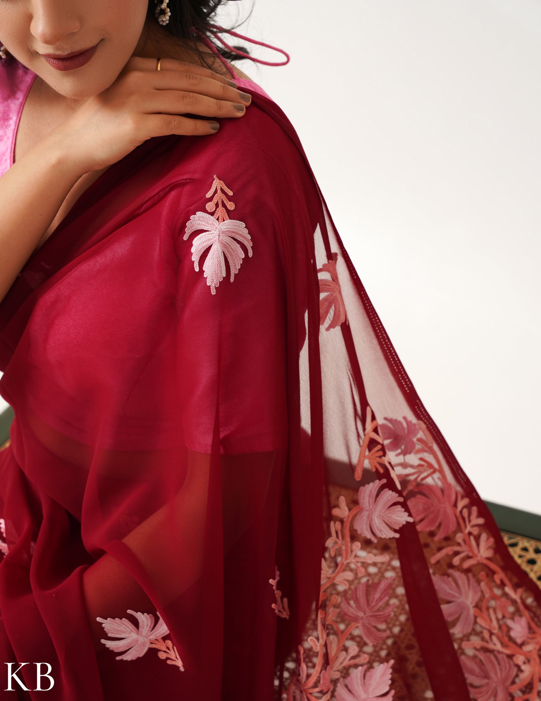 Raspberry with Blush-toned Chinar Embroidery Georgette Saree - Kashmir Box