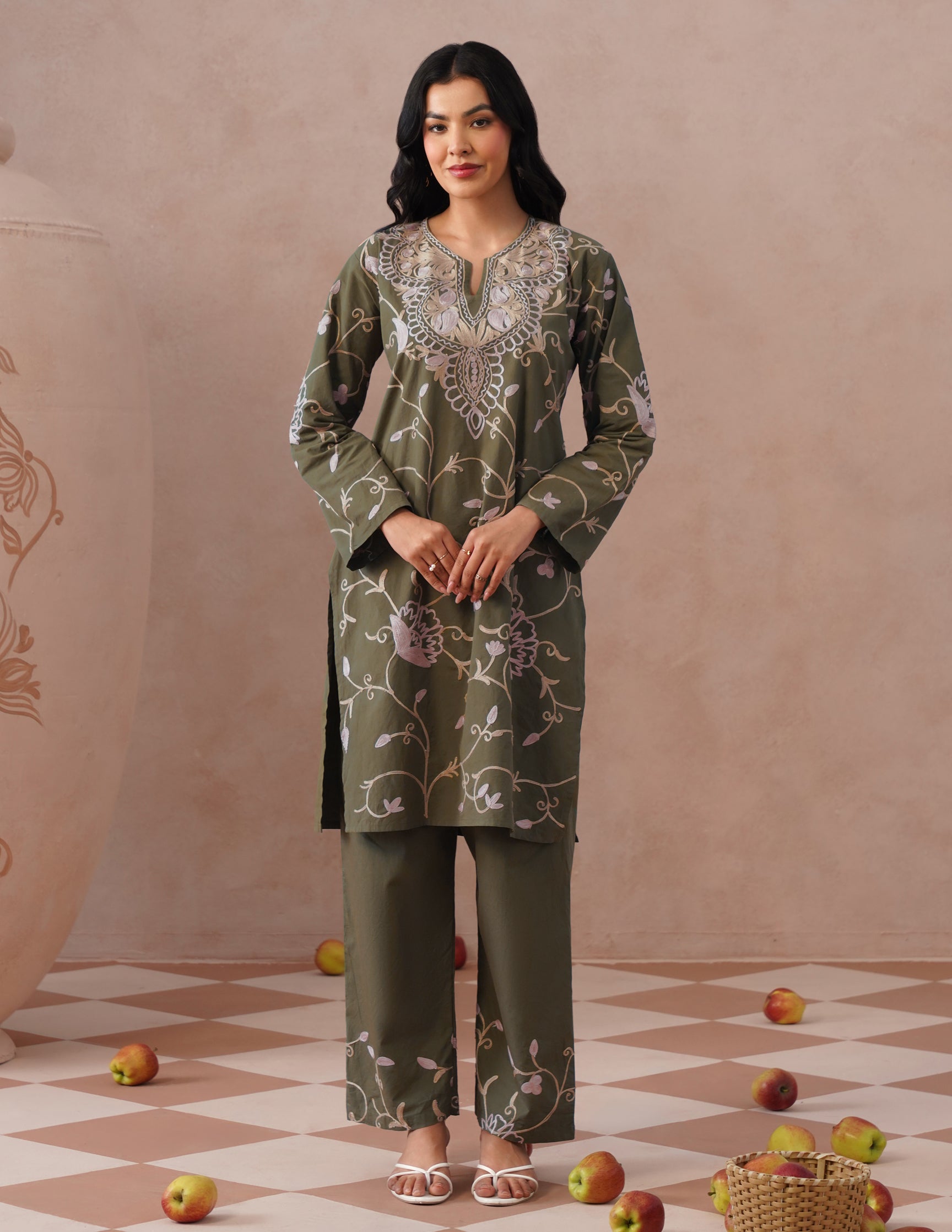 Olive Green Kashmiri Aari Embroidered Cambric Cotton Co-ord Set for Women | Casual Ethnic Wear
