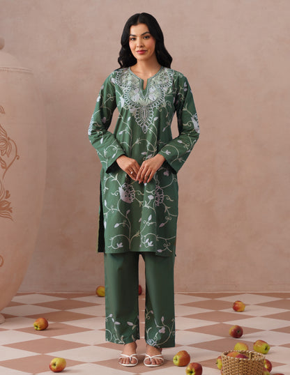 Olive Green Kashmiri Aari Embroidered Cambric Cotton Co-ord Set for Women | Casual Ethnic Wear - Kashmir Box