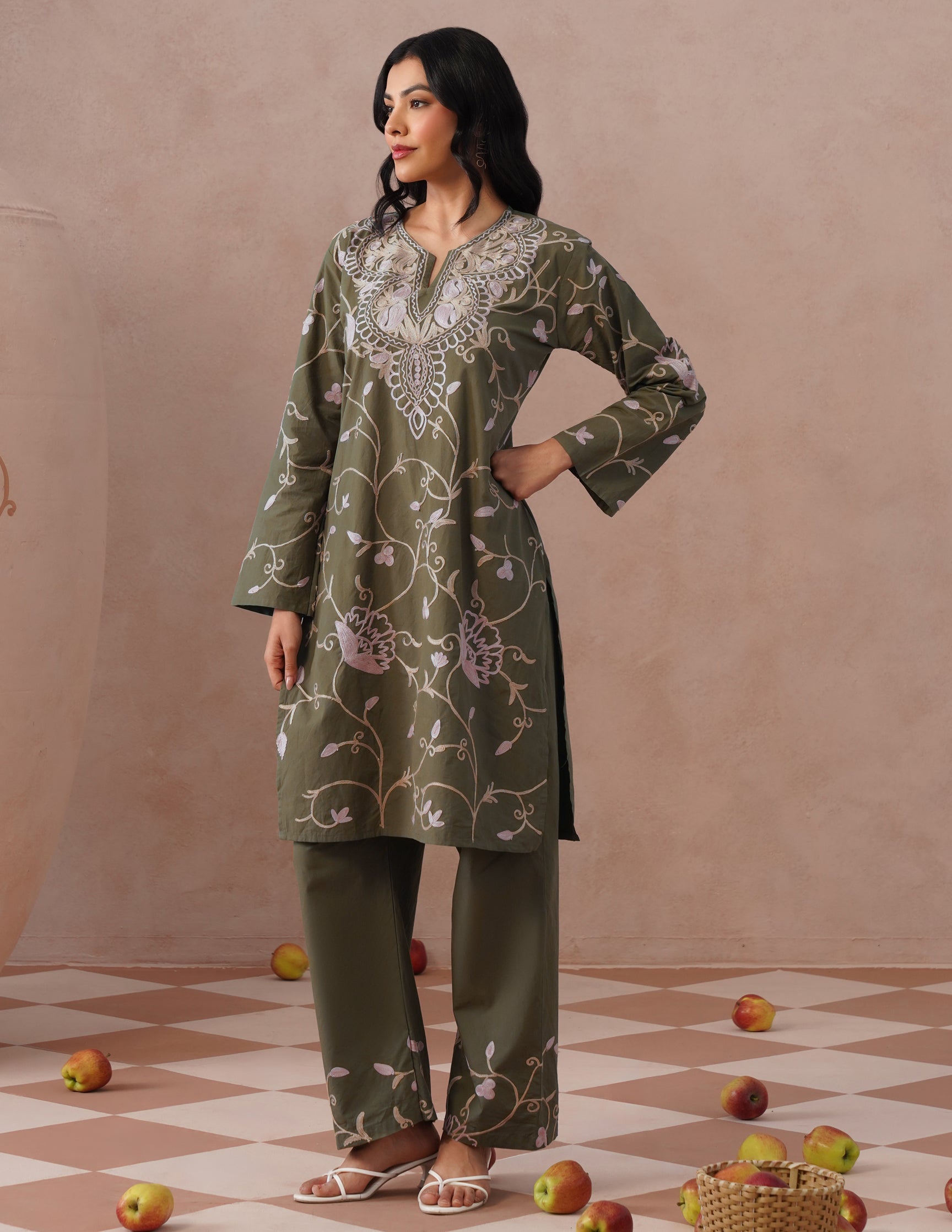 Olive Green Kashmiri Aari Embroidered Cambric Cotton Co-ord Set for Women | Casual Ethnic Wear