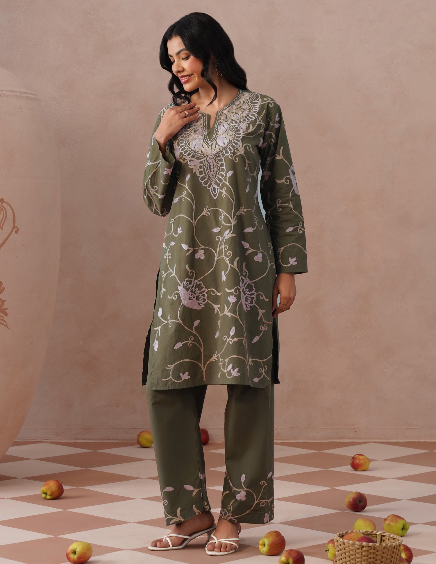 Olive Green Kashmiri Aari Embroidered Cambric Cotton Co-ord Set for Women | Casual Ethnic Wear