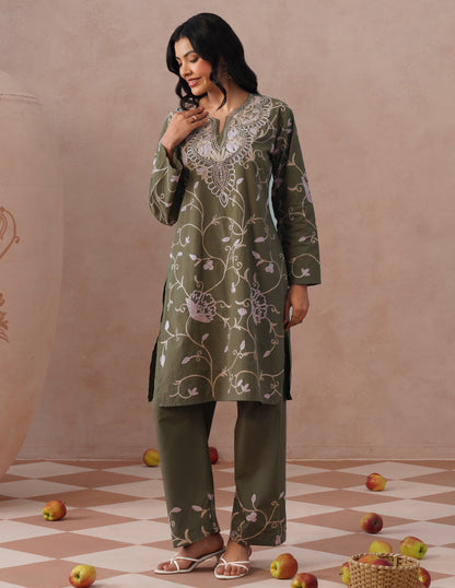 Olive Green Kashmiri Aari Embroidered Cambric Cotton Co-ord Set for Women | Casual Ethnic Wear
