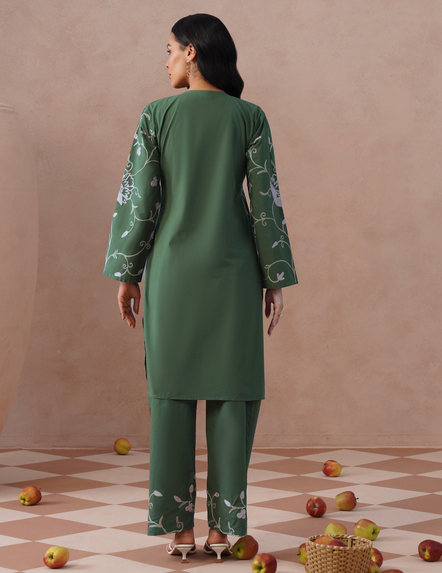 Olive Green Poplin Coordset – Pink &amp; Fawn Aari Embroidery | Casual Ethnic Wear - Kashmir Box
