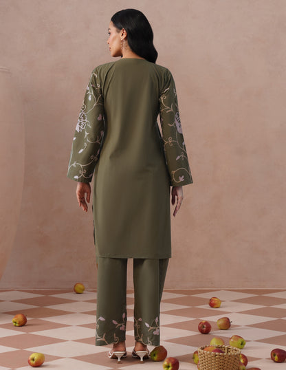 Olive Green Kashmiri Aari Embroidered Cambric Cotton Co-ord Set for Women | Casual Ethnic Wear