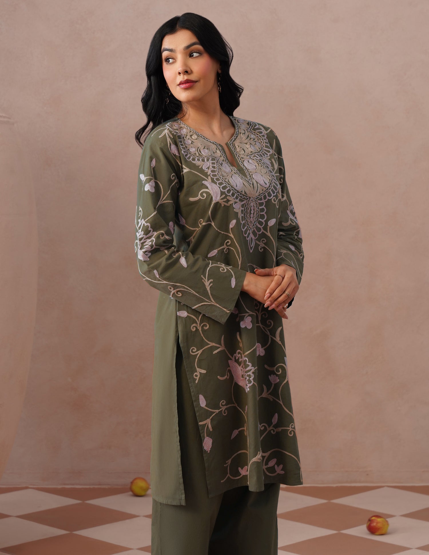 Olive Green Kashmiri Aari Embroidered Cambric Cotton Co-ord Set for Women | Casual Ethnic Wear
