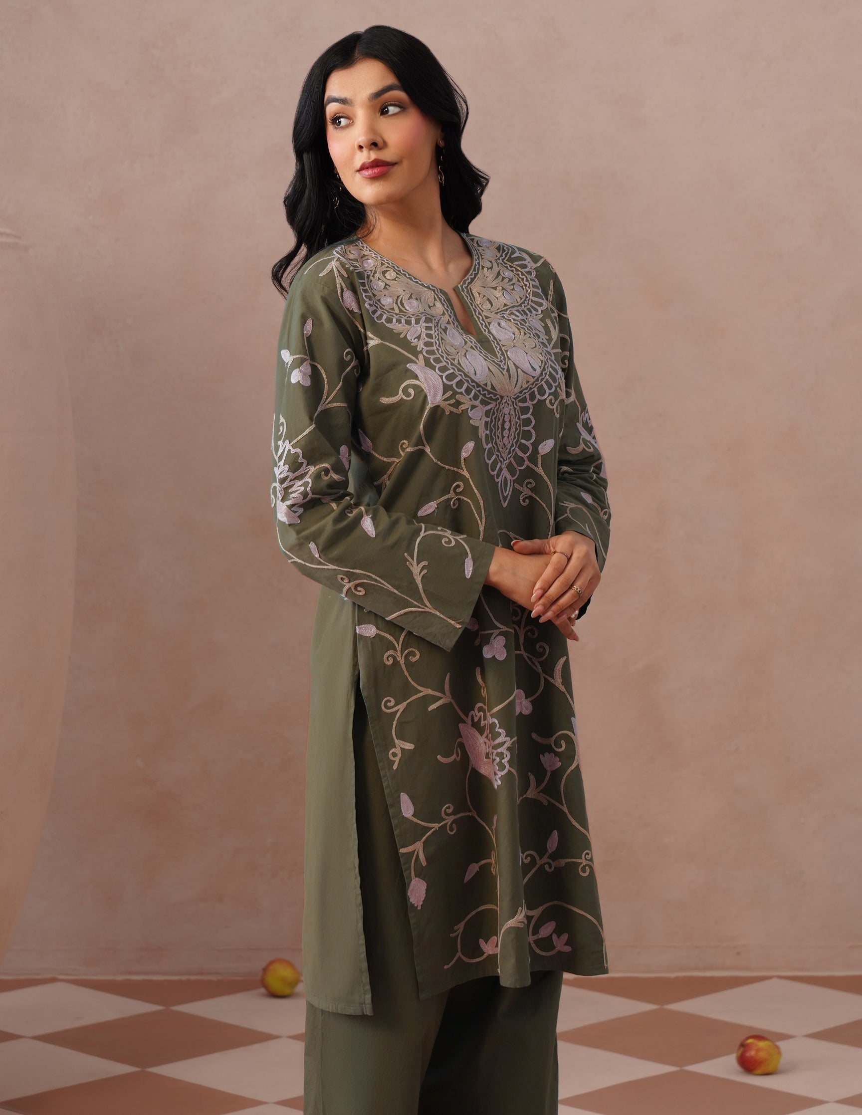 Olive Green Kashmiri Aari Embroidered Cambric Cotton Co-ord Set for Women | Casual Ethnic Wear