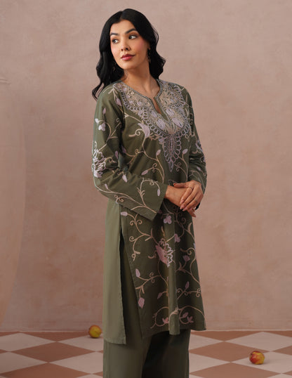 Olive Green Kashmiri Aari Embroidered Cambric Cotton Co-ord Set for Women | Casual Ethnic Wear