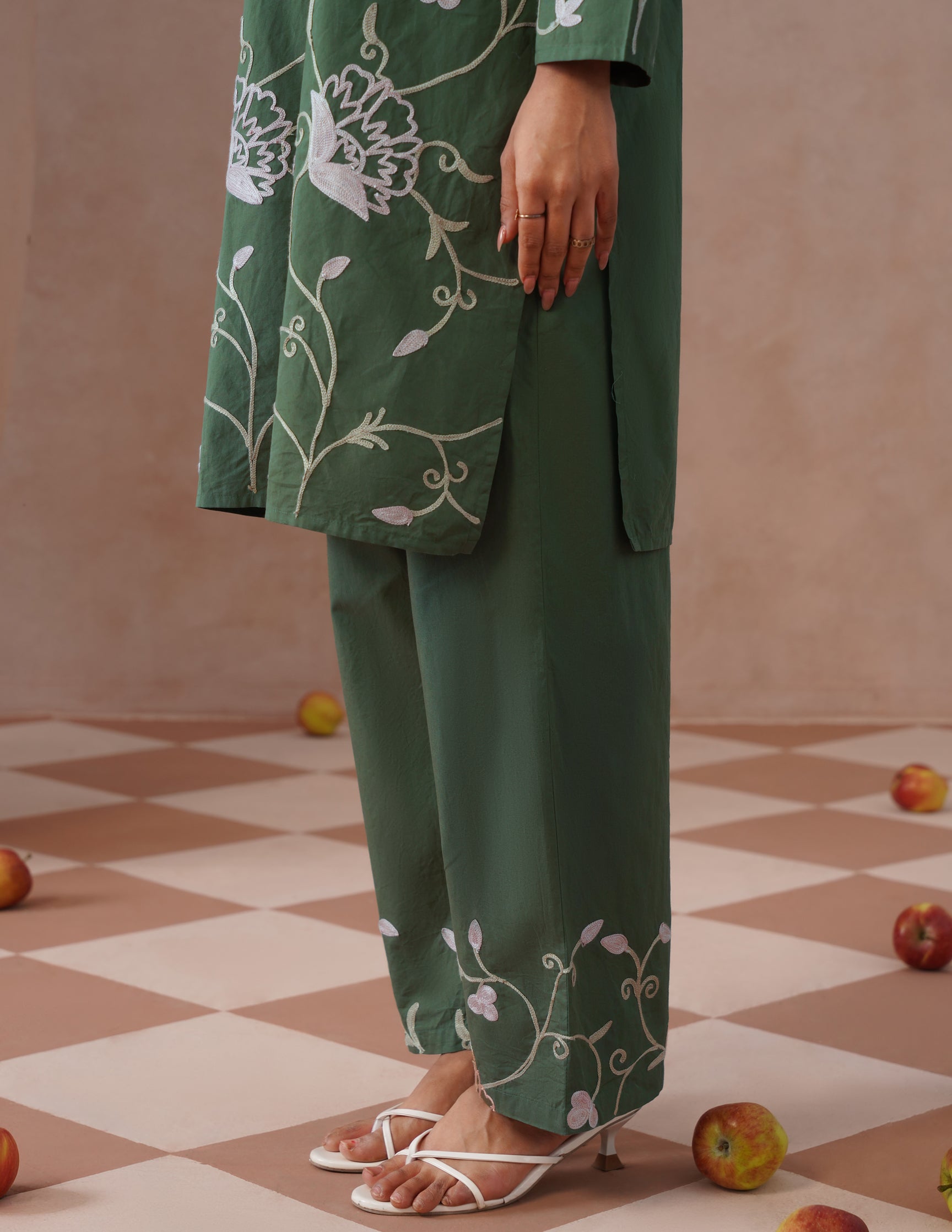 Olive Green Poplin Coordset – Pink &amp; Fawn Aari Embroidery | Casual Ethnic Wear - Kashmir Box