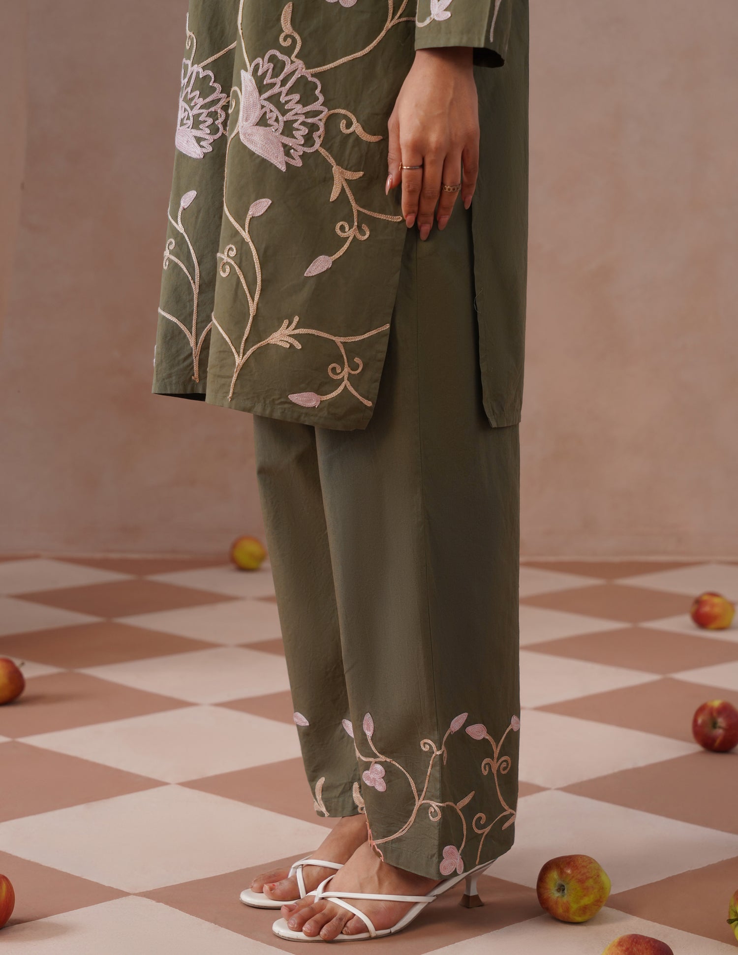 Olive Green Kashmiri Aari Embroidered Cambric Cotton Co-ord Set for Women | Casual Ethnic Wear