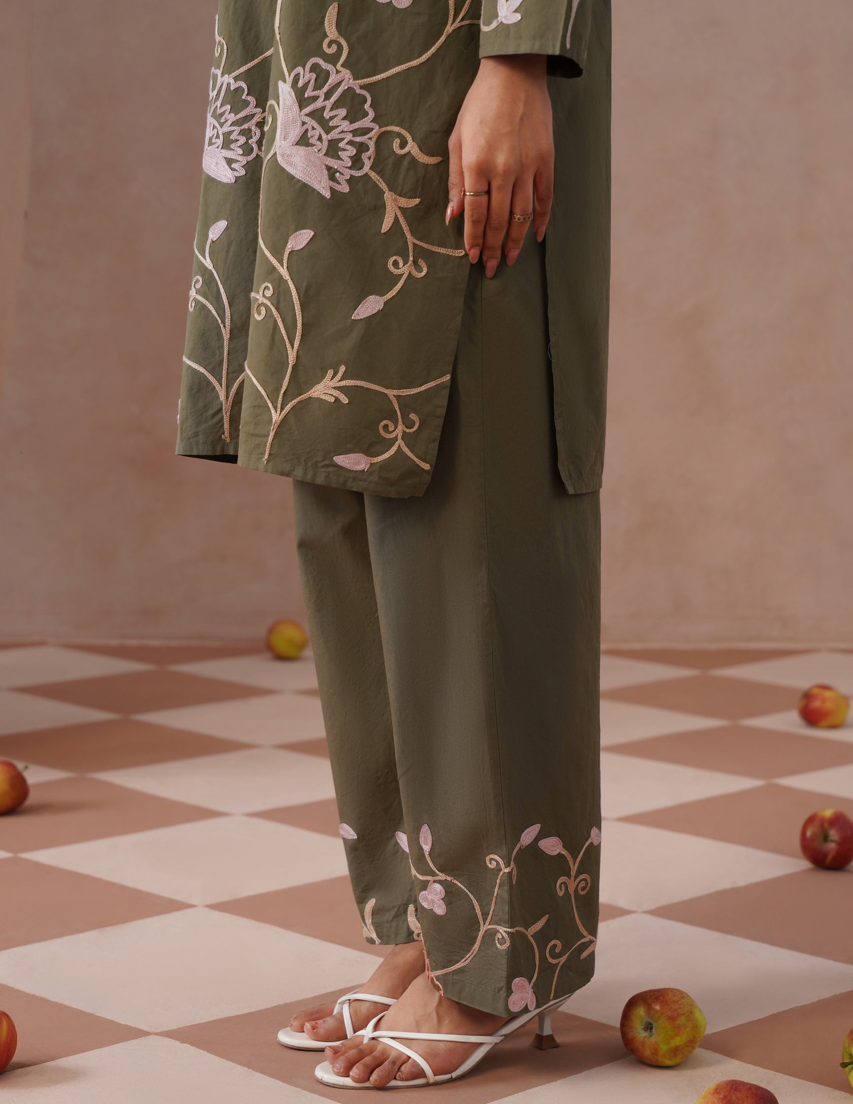 Olive Green Kashmiri Aari Embroidered Cambric Cotton Co-ord Set for Women | Casual Ethnic Wear