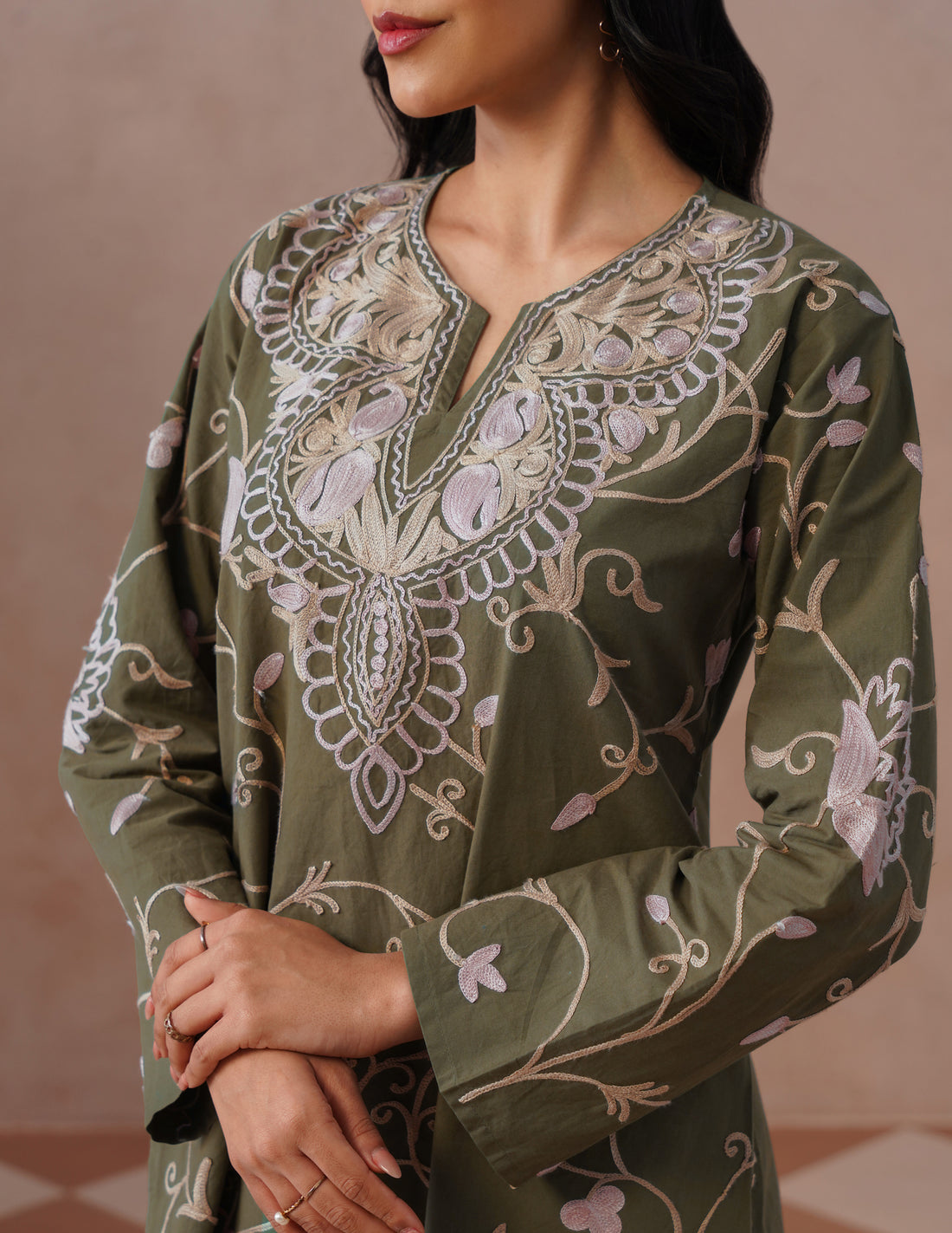 Olive Green Kashmiri Aari Embroidered Cambric Cotton Co-ord Set for Women | Casual Ethnic Wear