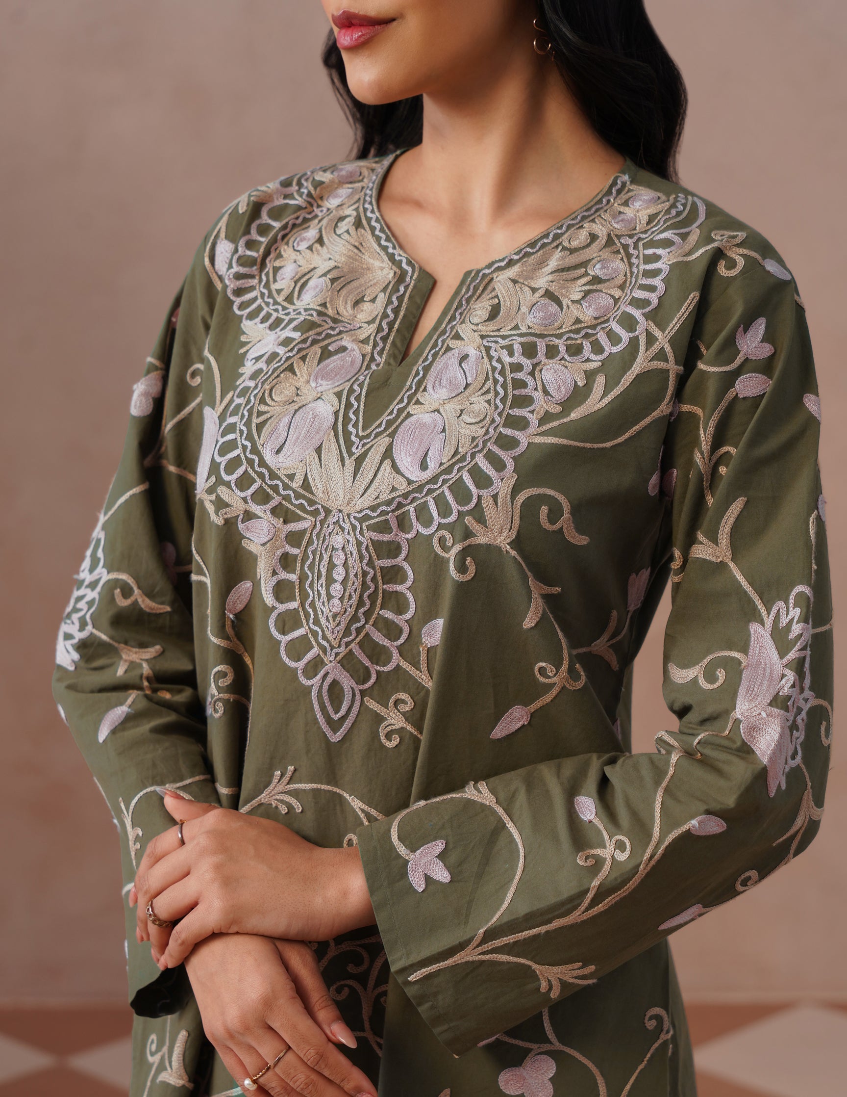 Olive Green Kashmiri Aari Embroidered Cambric Cotton Co-ord Set for Women | Casual Ethnic Wear