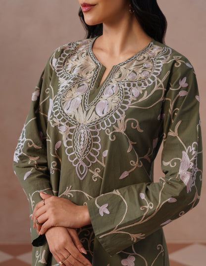 Olive Green Kashmiri Aari Embroidered Cambric Cotton Co-ord Set for Women | Casual Ethnic Wear