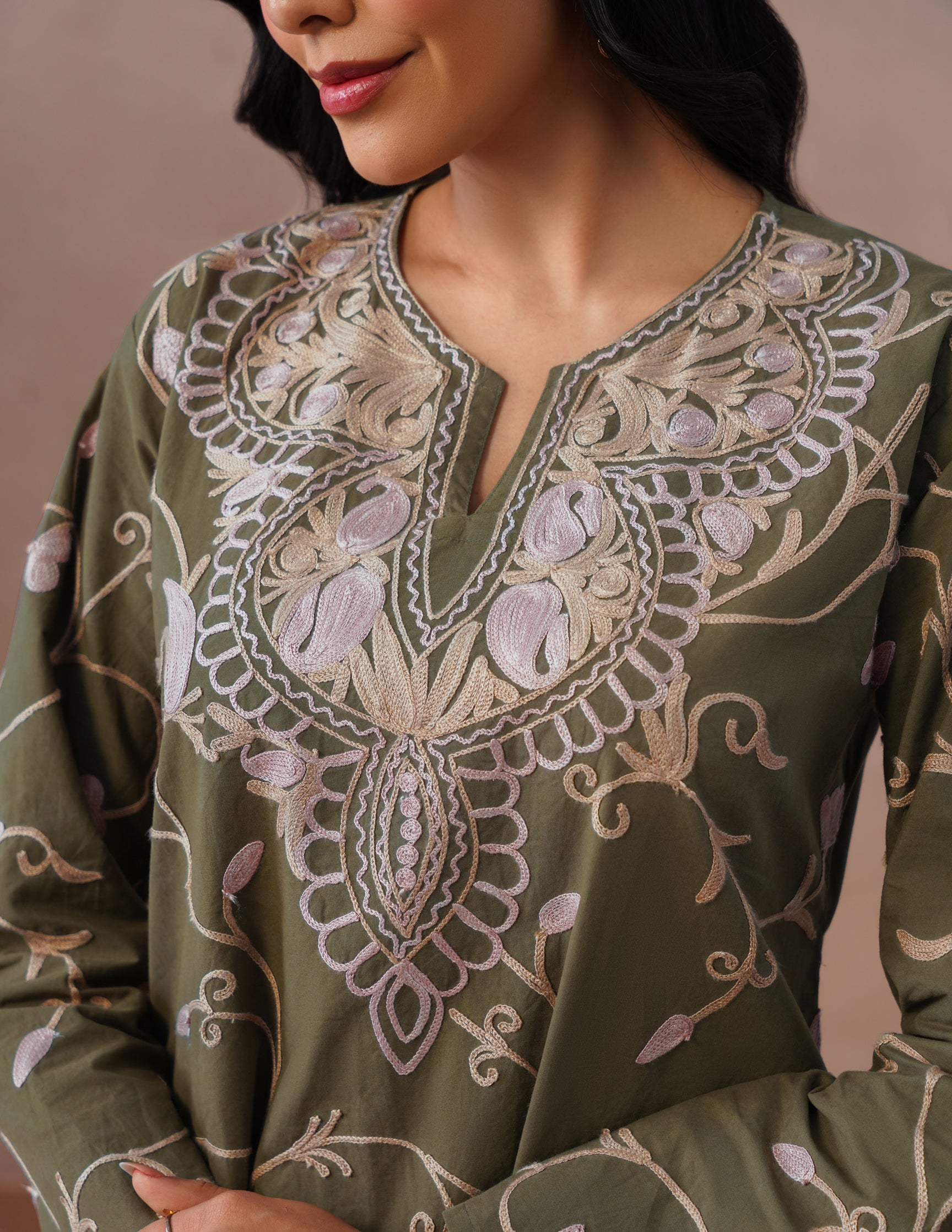 Olive Green Kashmiri Aari Embroidered Cambric Cotton Co-ord Set for Women | Casual Ethnic Wear