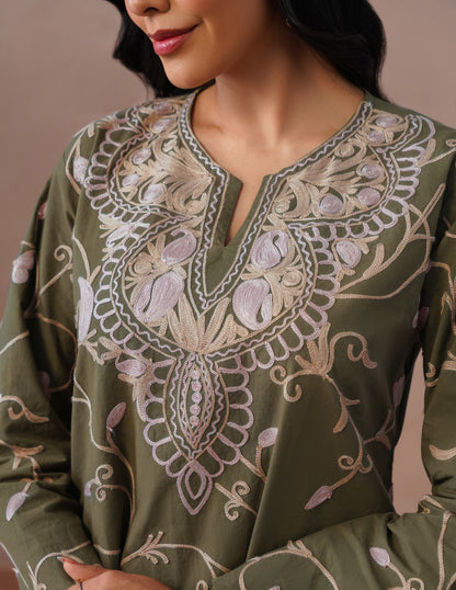 Olive Green Kashmiri Aari Embroidered Cambric Cotton Co-ord Set for Women | Casual Ethnic Wear