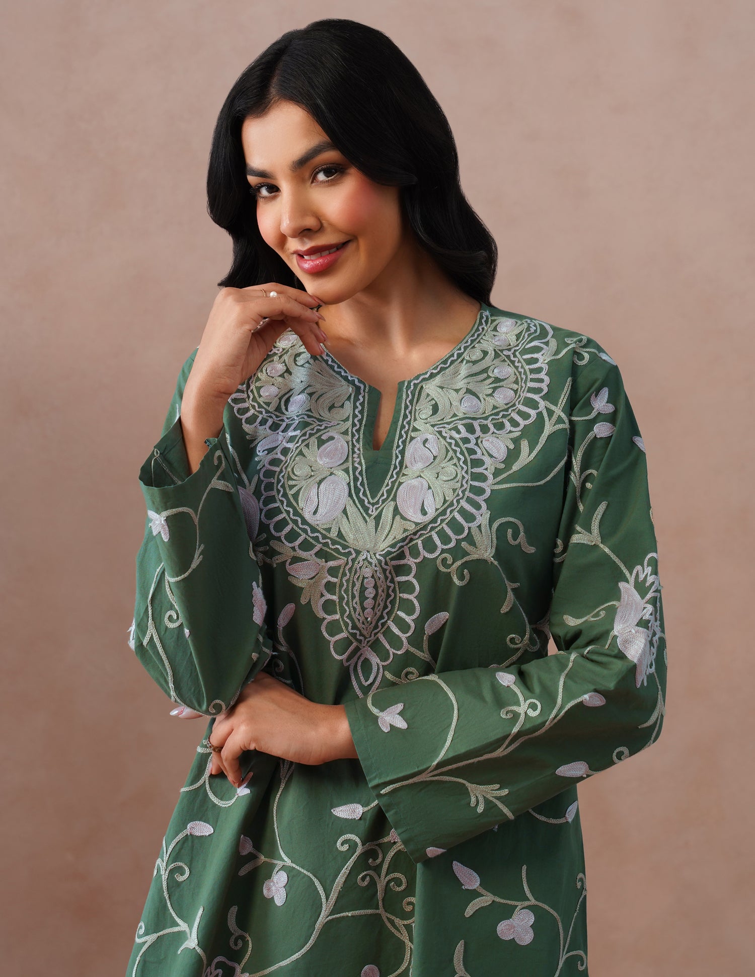 Olive Green Poplin Coordset – Pink &amp; Fawn Aari Embroidery | Casual Ethnic Wear - Kashmir Box