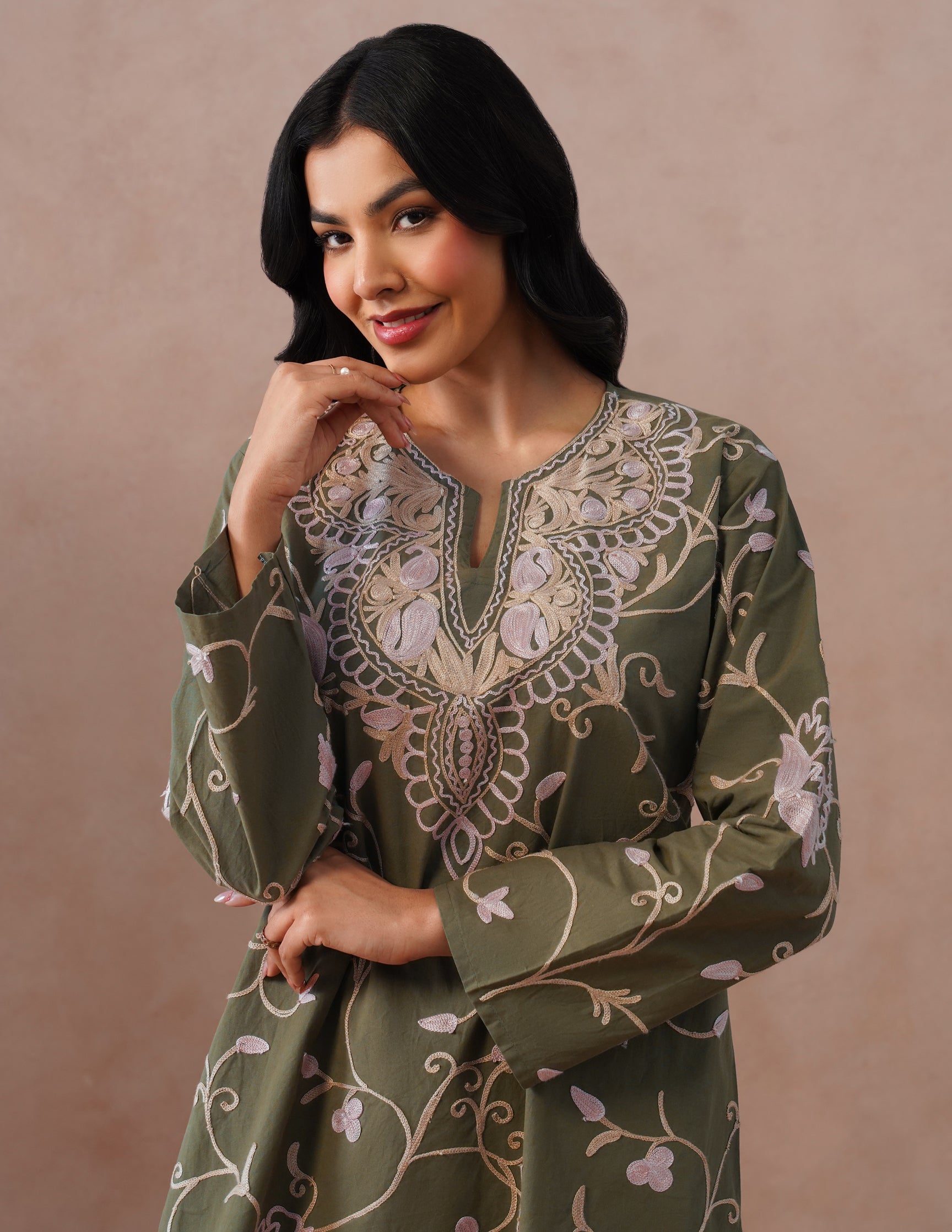Olive Green Kashmiri Aari Embroidered Cambric Cotton Co-ord Set for Women | Casual Ethnic Wear