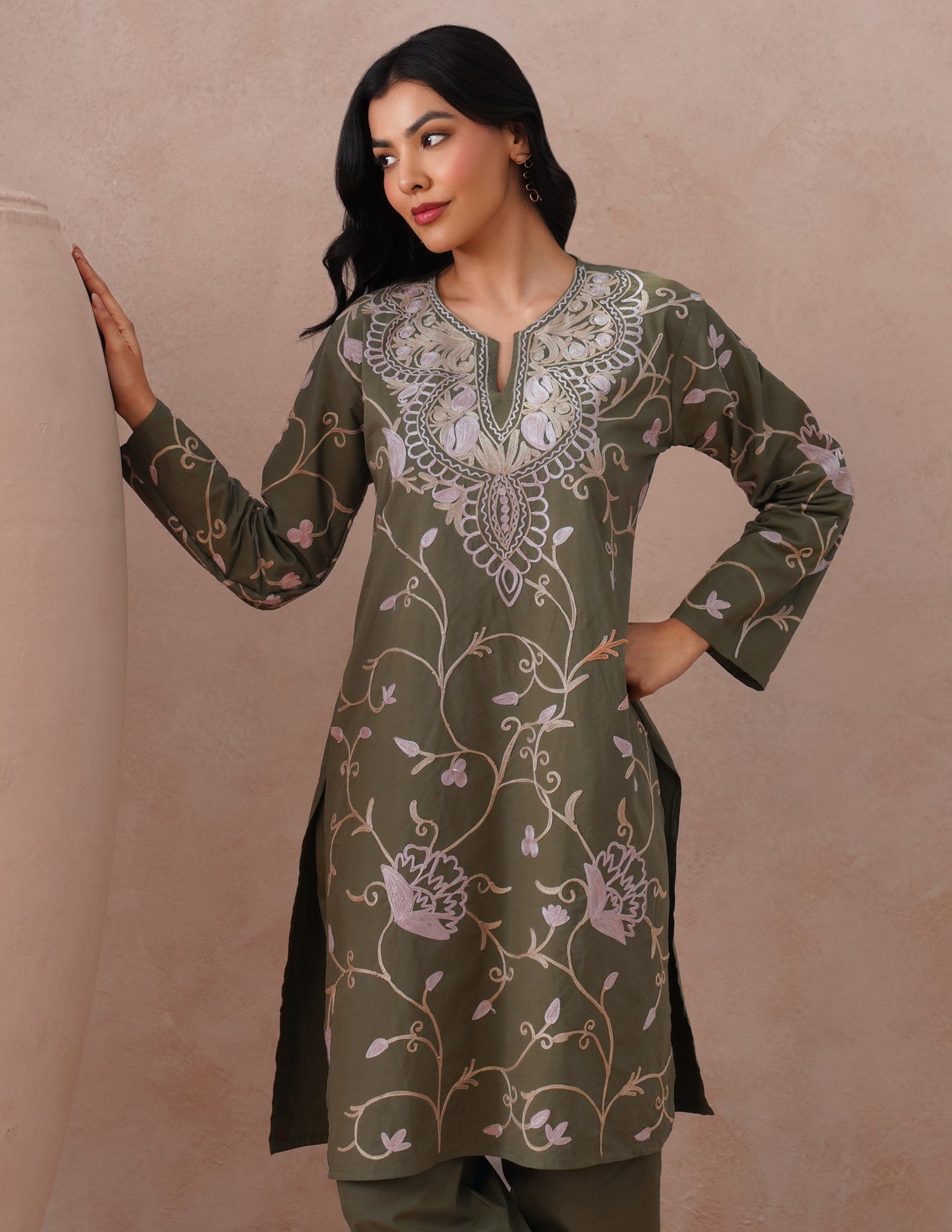 Olive Green Kashmiri Aari Embroidered Cambric Cotton Co-ord Set for Women | Casual Ethnic Wear