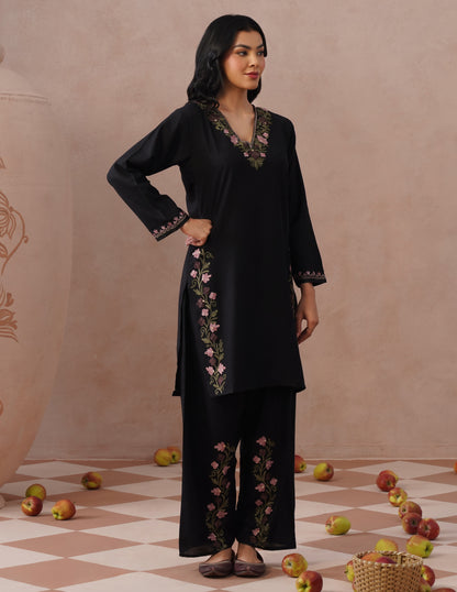 Black Cotton Coordset – Lavender &amp; Green Aari Embroidery | Office Ethnic Wear - Kashmir Box