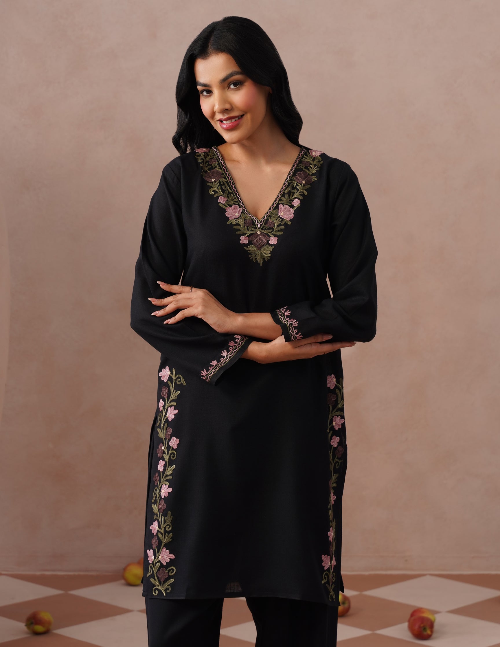Black Cotton Coordset – Lavender &amp; Green Aari Embroidery | Office Ethnic Wear - Kashmir Box