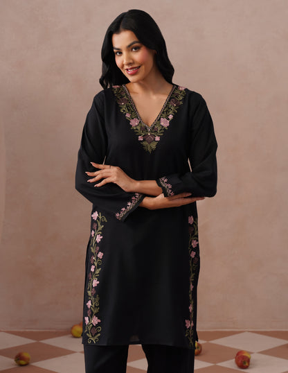 Black Cotton Coordset – Lavender &amp; Green Aari Embroidery | Office Ethnic Wear - Kashmir Box