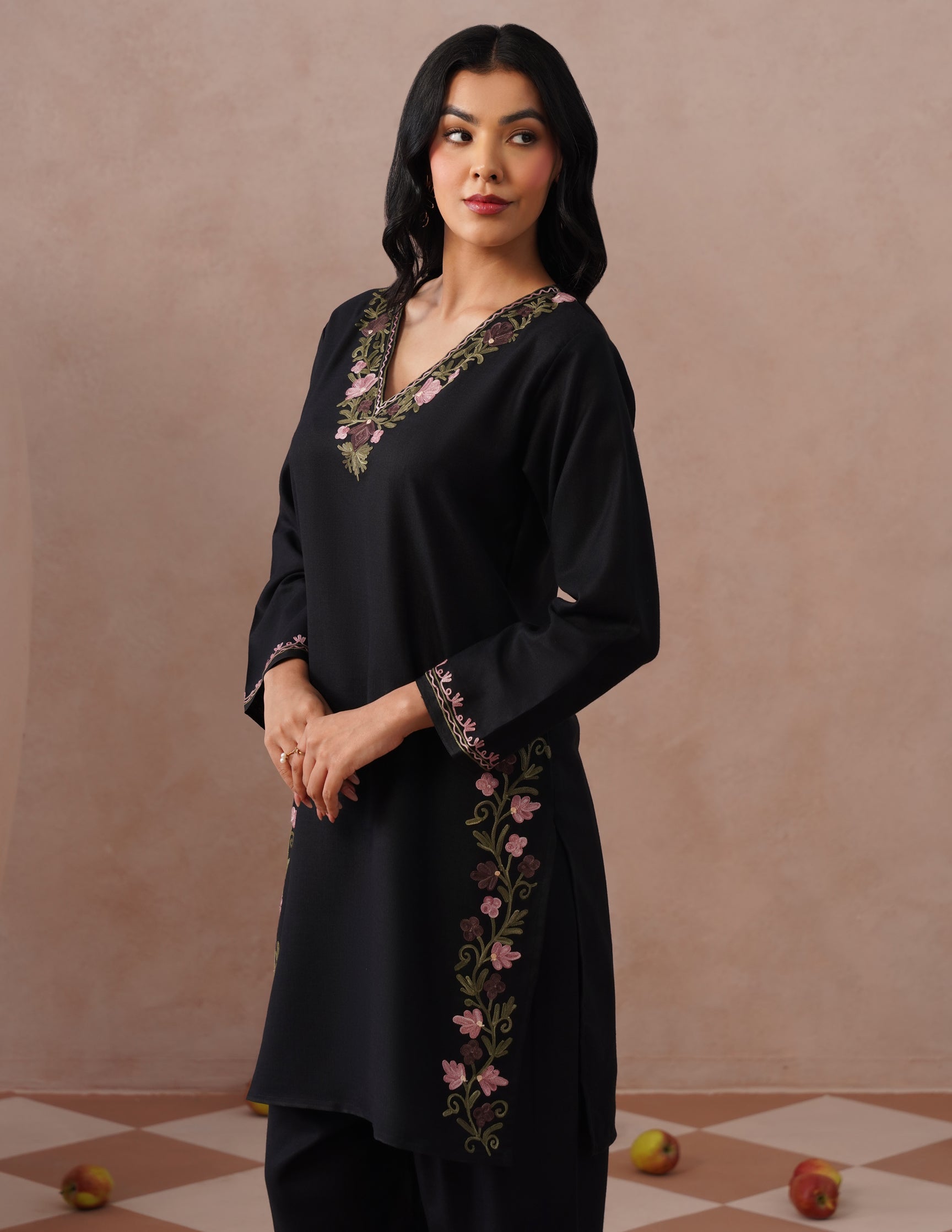 Black Cotton Coordset – Lavender &amp; Green Aari Embroidery | Office Ethnic Wear - Kashmir Box