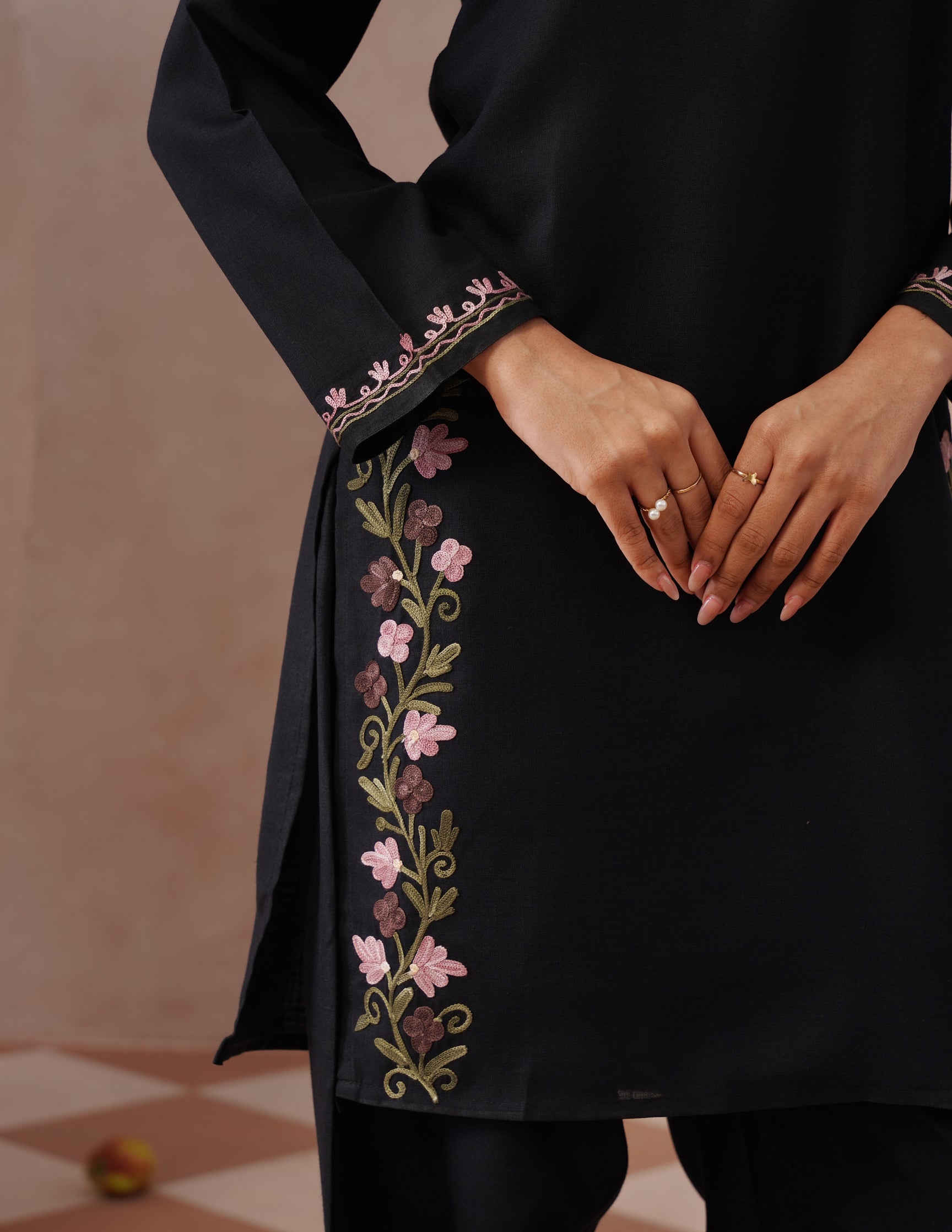 Black Cotton Coordset – Lavender &amp; Green Aari Embroidery | Office Ethnic Wear - Kashmir Box