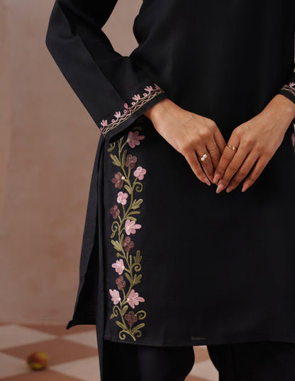 Black Cotton Coordset – Lavender &amp; Green Aari Embroidery | Office Ethnic Wear - Kashmir Box