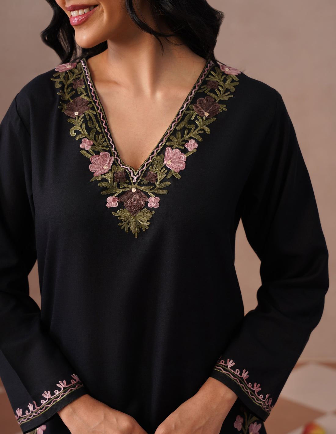 Black Cotton Coordset – Lavender &amp; Green Aari Embroidery | Office Ethnic Wear - Kashmir Box