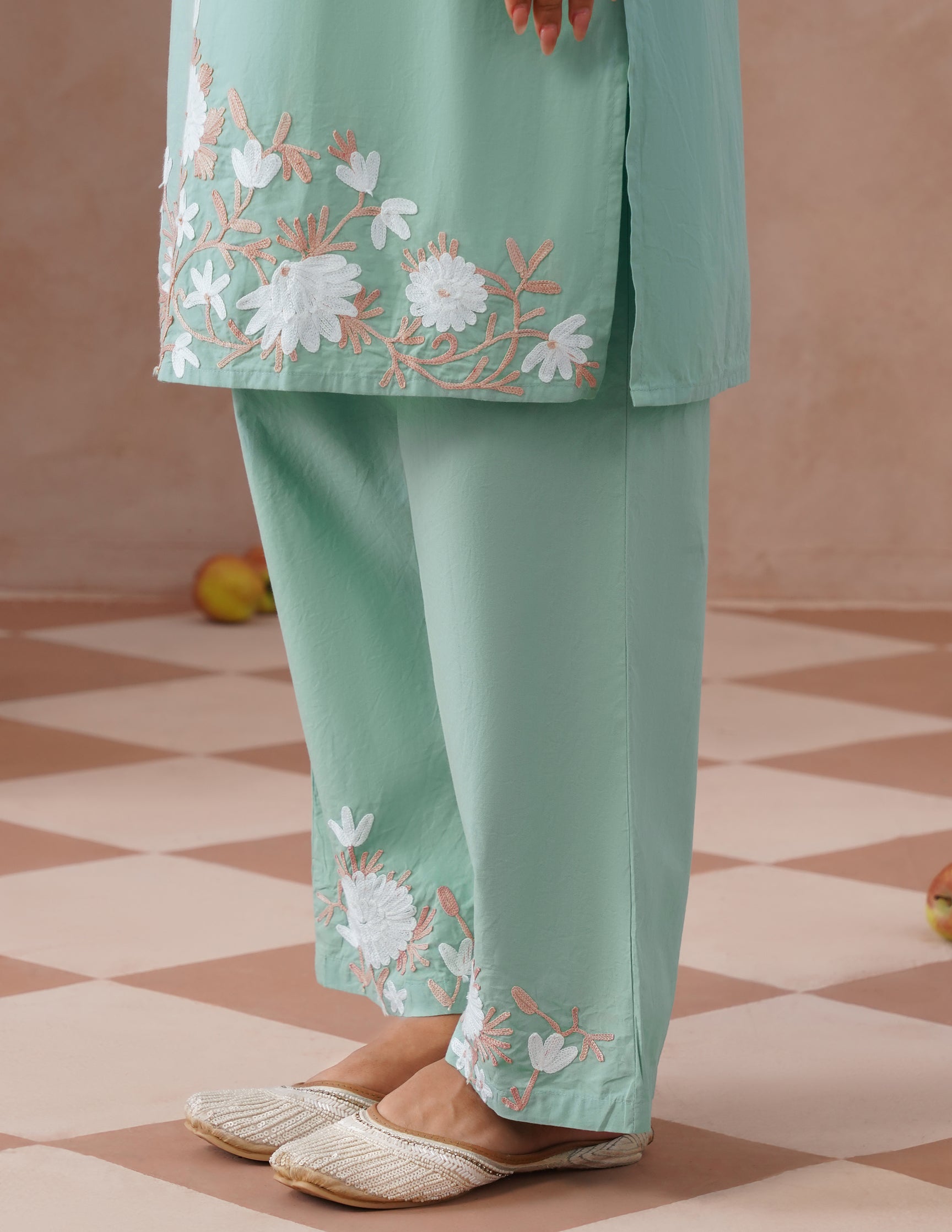 Light Green Poplin Coordset – White &amp; Fawn Aari Work | Casual Ethnic Wear - Kashmir Box